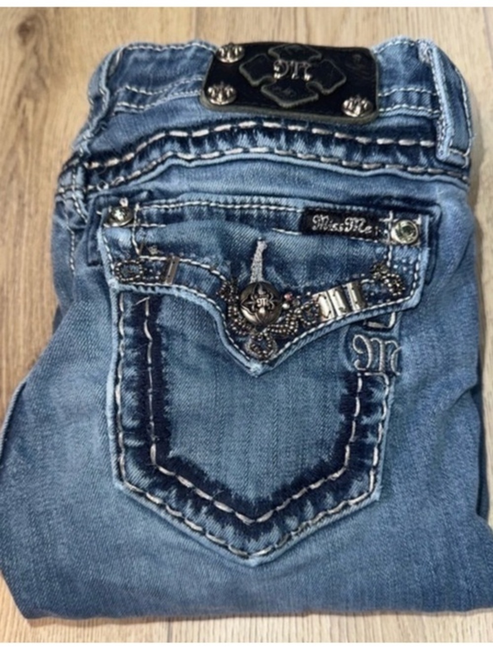 Miss me Signature Blue Denim Boot Cut Jeans with Embellished Back Pocket